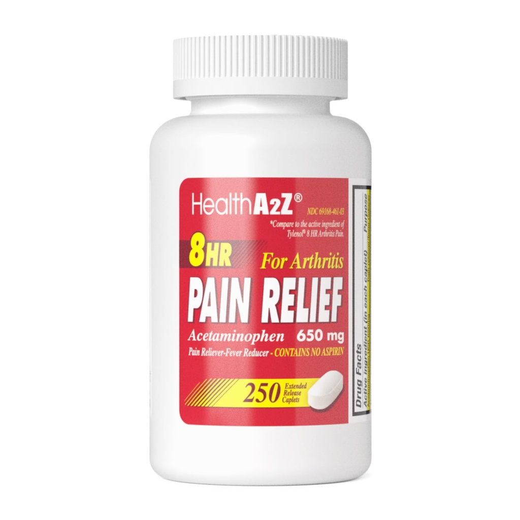 HealthA2Z® smertelindring Extended release | Acetaminophen 650mg | 8 timers Arthiritis Pain Reliever - Feber Reduser | Inneholder ingen aspirin | (250 kapler)