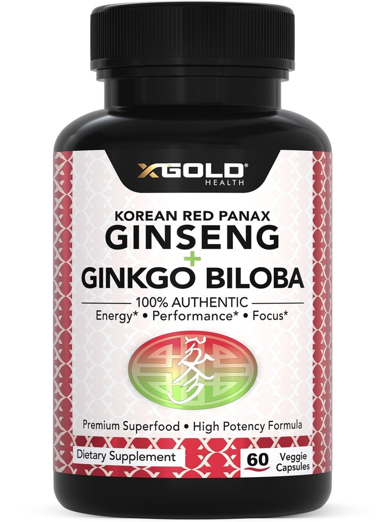koreansk rød Panax Ginseng 1200mg + Ginkgo Biloba - Extra styrke Root Extract pulver Supplement w / høy Ginsenosides Vegan Capsules for energi, ytelse og fokus - Supplement for menn og kvinner