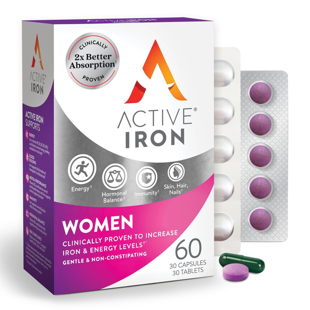 Active Iron Supplement 25mg + Multivitamin for kvinner - klinisk bevis for å øke energi og redusere tretthet - Gentle, ikke-innstoppende jern + kvinners multivitamin - 30 kapsler + 30 tabletter