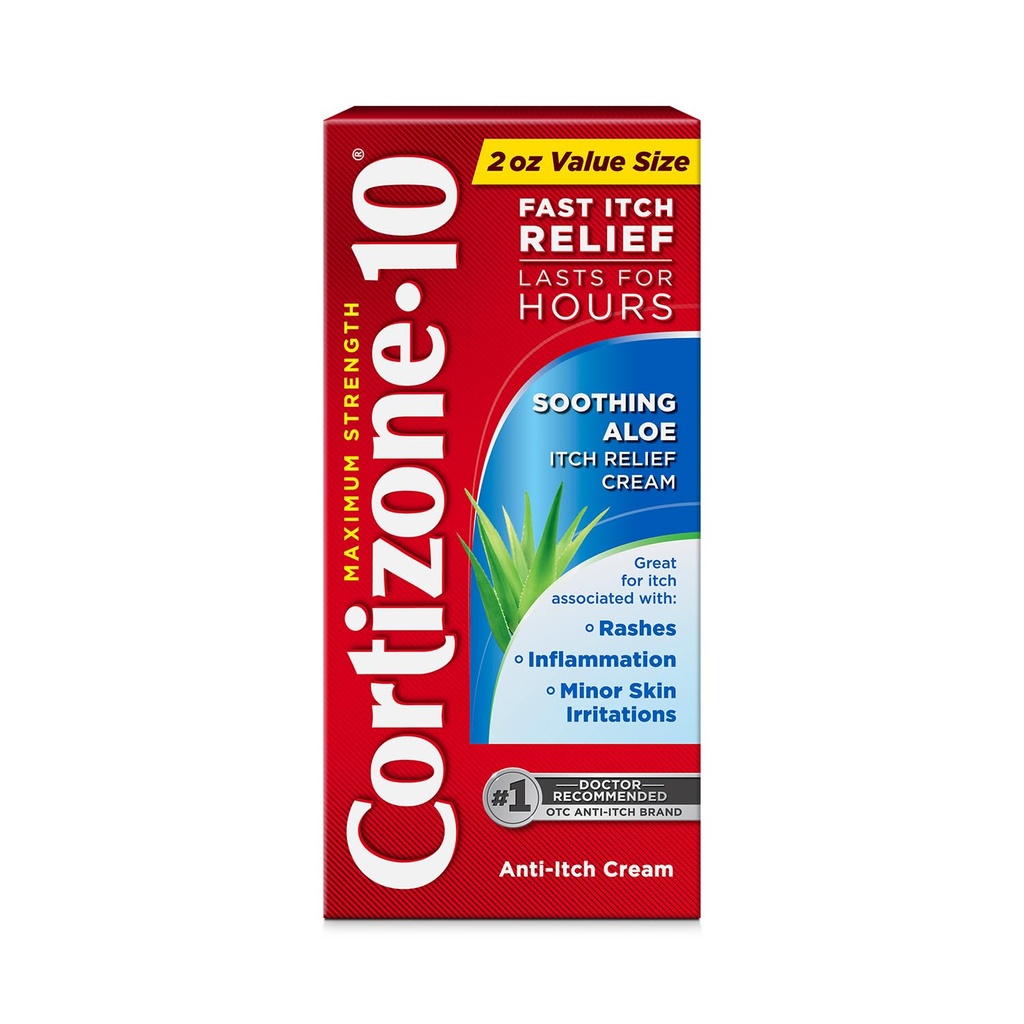 Cortizone-10 Maks styrke Soothing Aloe Itch Relief Cream, 1% Hydrokortison, Fast-Acting, Anti-Itch Krem for Bug Bites, Rash, Eczema, Psoriasis, Poison Ivy, Oak, Sumac og mer, 2 oz
