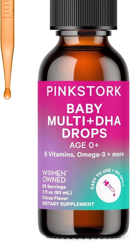 Pink Stork Baby flytende Multivitamin Drops, Baby & Todler Vitamin Drops med DHA, Vitamin C, D, B12 og Choline for å støtte hjernens helse og immunfunksjon - 2 fl oz, 2 måneders forsyning