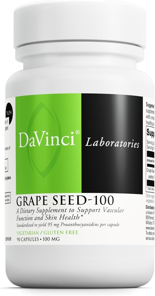 DAVINCI Labs Grape frø-100 - Kosttilskudd for å støtte immunsystemet, vaskulær funksjon og sunn hud* - med 100 mg Grapefrøekstrakt per servering - Glutenfri - 90 vegetariske kapsler
