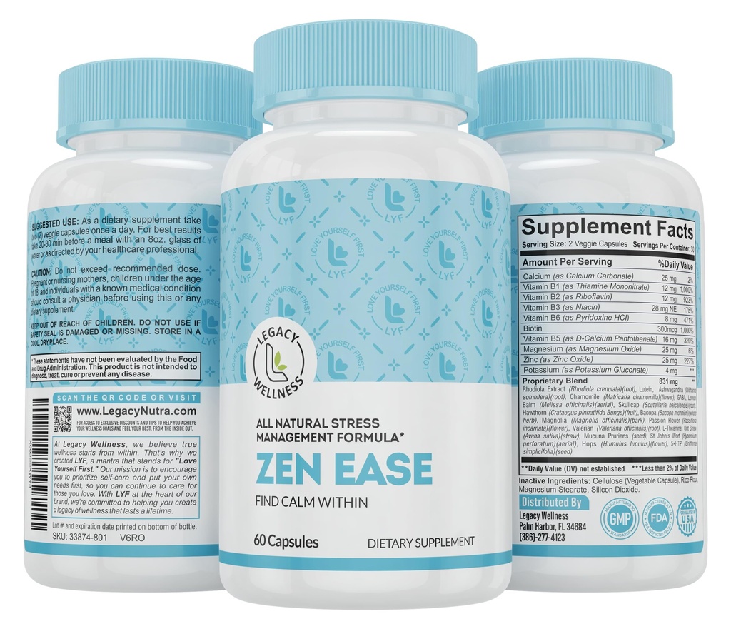 Legacy Wellness Zen Ease Calm Mind Supplement - Naturlig Vegansk formel - 5-HTP, Ashwagandha, St. John's Wort, L-Theanine, Magnesium, B-Vitamins - Kapsler for å fremme en god følelse av fred