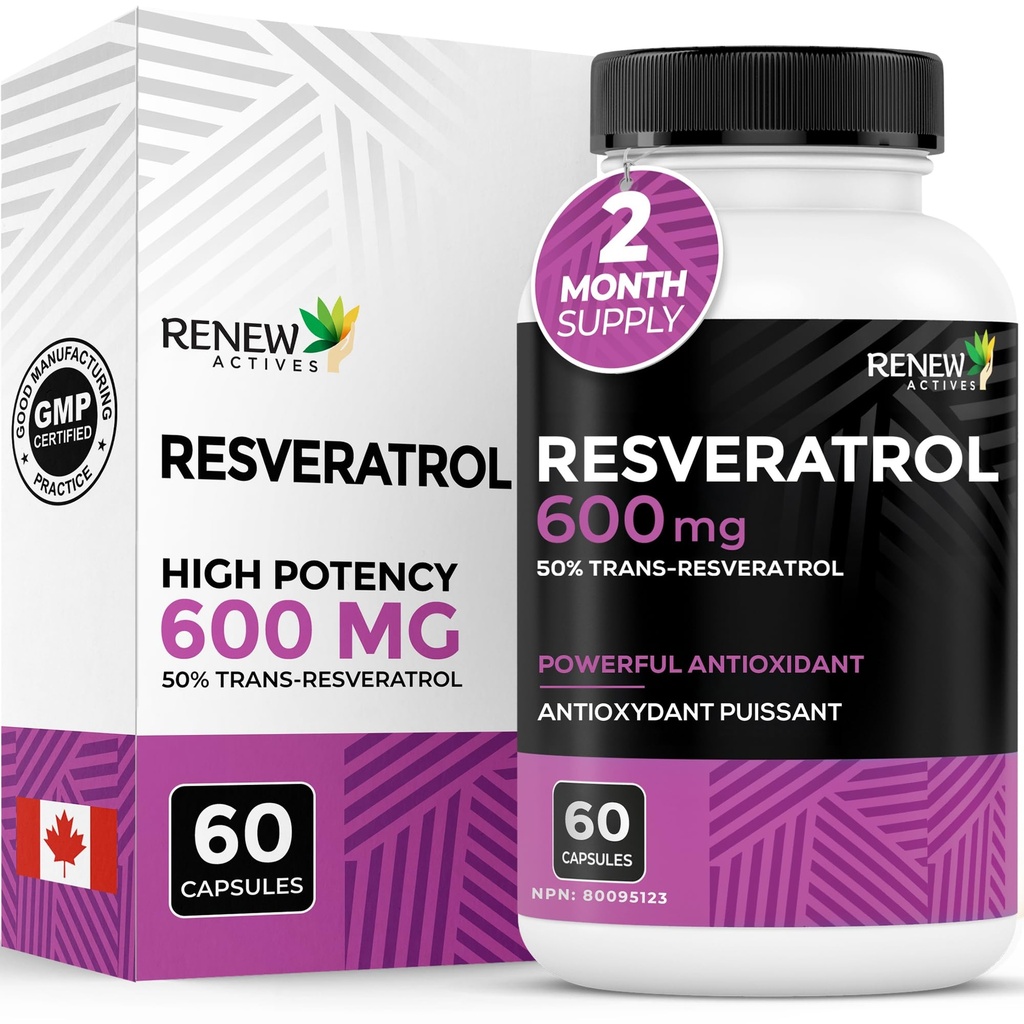 Reny Actives Resveratrol Supplement 600mg per servering - høy potens antioksidant kompleks med 50% Trans-Resveratrol – støtter cellulær helse og lang levetid - laget i Canada – 60 Vegan Capsules