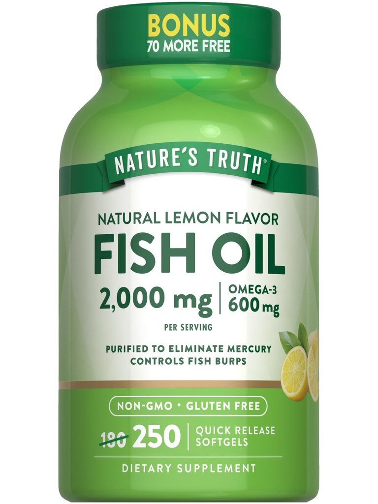 Naturens sannhet Fish Oil 2000 mg | 600 mg Omega 3 | 250 Softgels | Naturlig sitronflavor | Ikke-GMO og Glutenfri Supplement