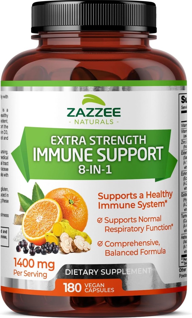 Zazzee ekstra styrke 8-i-1 immunstøtte, 1400 mg per kapsel, 180 veganske kapsler, 1000 mg vitamin C, 1000 IU D3, sink, eldbær, Echinacea, gyldensegl, Turmeric, Astragalus, laget i USA