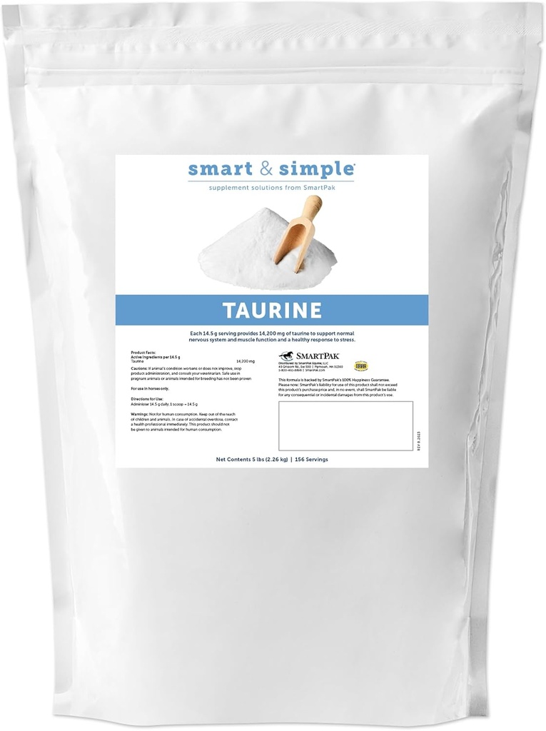Smart & enkelt Taurin pulver | Hest kosttilskudd | 14,200 mg Taurin for hester | støtter Muskler Eksterne og indre struktur | støtter en rolig demeanor | 156 servering | 5 lb