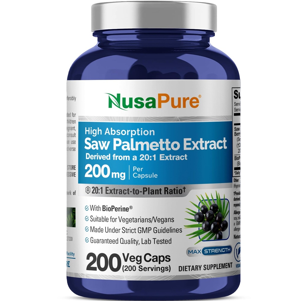 NusaPure Saw Palmetto 20:1 Ekstrakt, 200 mg tilsvarende 4000 mg per Veggie Caps 200 Count Non-GMO, Vegan, Vegetarian, Bioperin