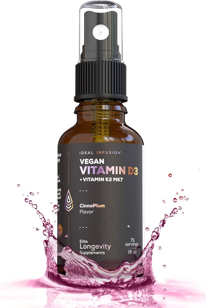 Ideell infusjon Vegansk vitamin D3 5000 iu med K2 (MK-7) Flytende Spray: Organisk Plum med kanel - Bone Helse, Immunstøtte, Bone struktur (75 Serveringer)
