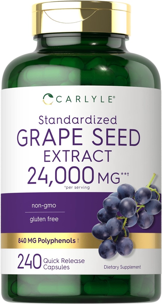 Carlyle Grape frø ekstrahere 24 000 mg ekvivalent 240 kapsler | Maksimal styrke standardisert ekstrakt | Ikke-GMO, Glutenfri