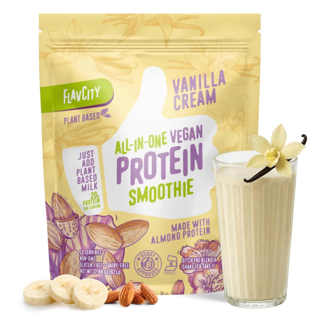 FlavCity alt-i-ett vegansk protein pulver smoothie, Vanilla - Plant-basert pre-workout måltid erstatningshake for kvinner og menn laget med 20g av almond protein - Glutenfri & Dairy-free