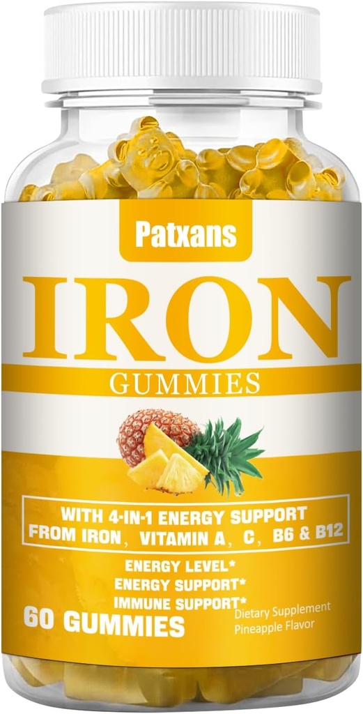 1 Pakke 100MG jerntilskudd Gummies for kvinner og menn - med vitamin A, C, B - Energistøtte for jernmangel, Anemi, voksne og barn, Pineapple Flavor Gummy, 60ct.