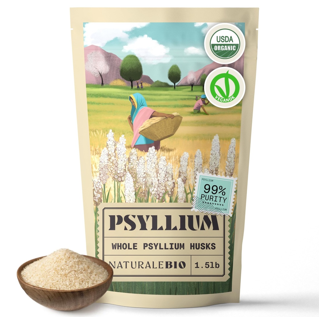 NaturaleBio Hele Psyllium Husk. 1.5lbs. 99% ren Psyllium Seed Husks. Naturlig fiber Supplement. USDA Økologisk sertifisert. Produsert i India. Glutenfri, Keto, Paleo, Vegansk Dietter. Probiotika