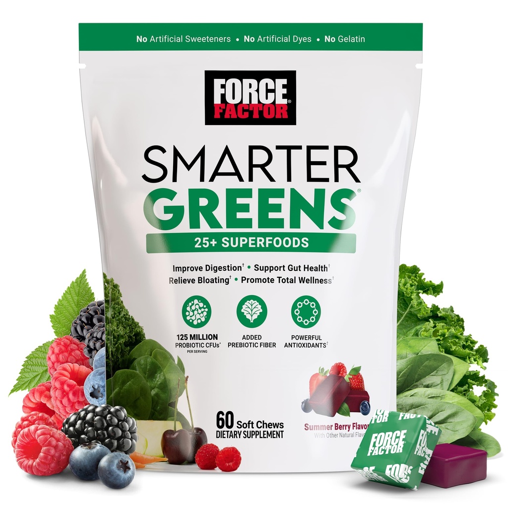 FORCE FACTOR Smartere Greens Superfood Chews, Greens og Superfoods med probiotika, antioksidanter og Fiber, Grønn Supplement for å støtte digestion, nitric oksid og energi, 60 myk Chews