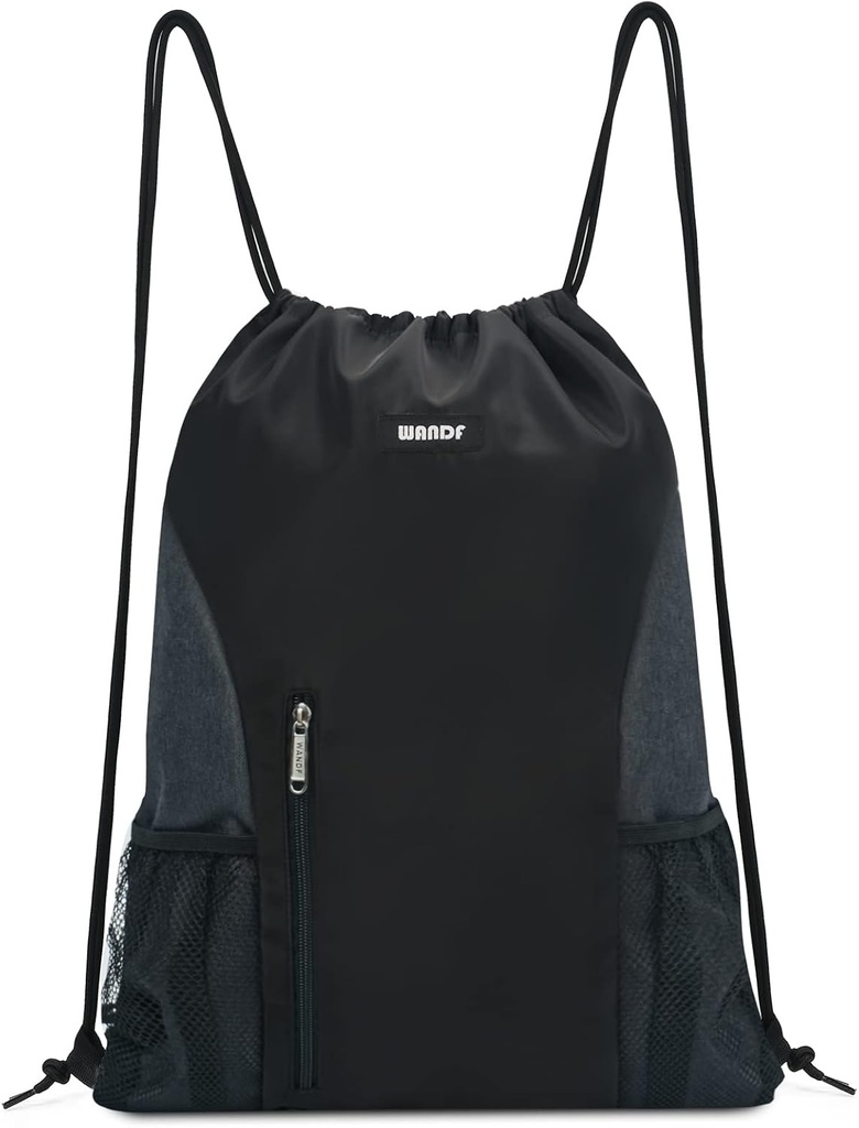 WANDF Drawstring Backpack Sports Gym Sackpack med Mesh lommer Vannbestandig streng pose for kvinner menn (svart)
