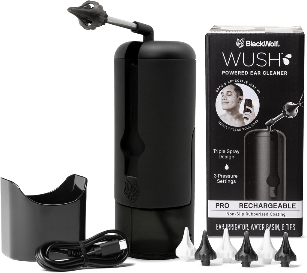 Wush Pro ved svart ulv-deluxe vanndrevet ørerenser- sikker og effektiv- elektrisk trippel Jet stream 3 trykkinnstillinger for øret Wax Buildup- øret Wax fjerning Kit-vann Resistant USB Oppladbar