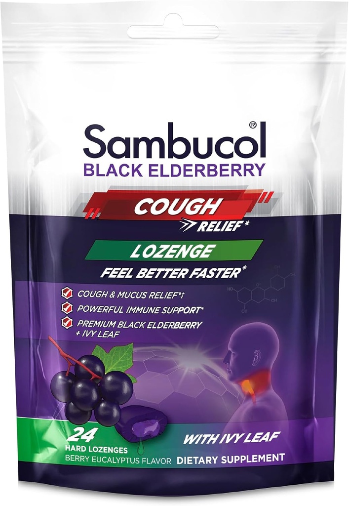 Sambucol Black Elderberry Cough Relief Lozenges - Cough Drops for voksne, Sambucus Elderberry Lozenges, med Ivy Leaf, Cough & Mucus Relief, Immunstøtte, Berry Eucalyptus - 24 greve, 3 pakke
