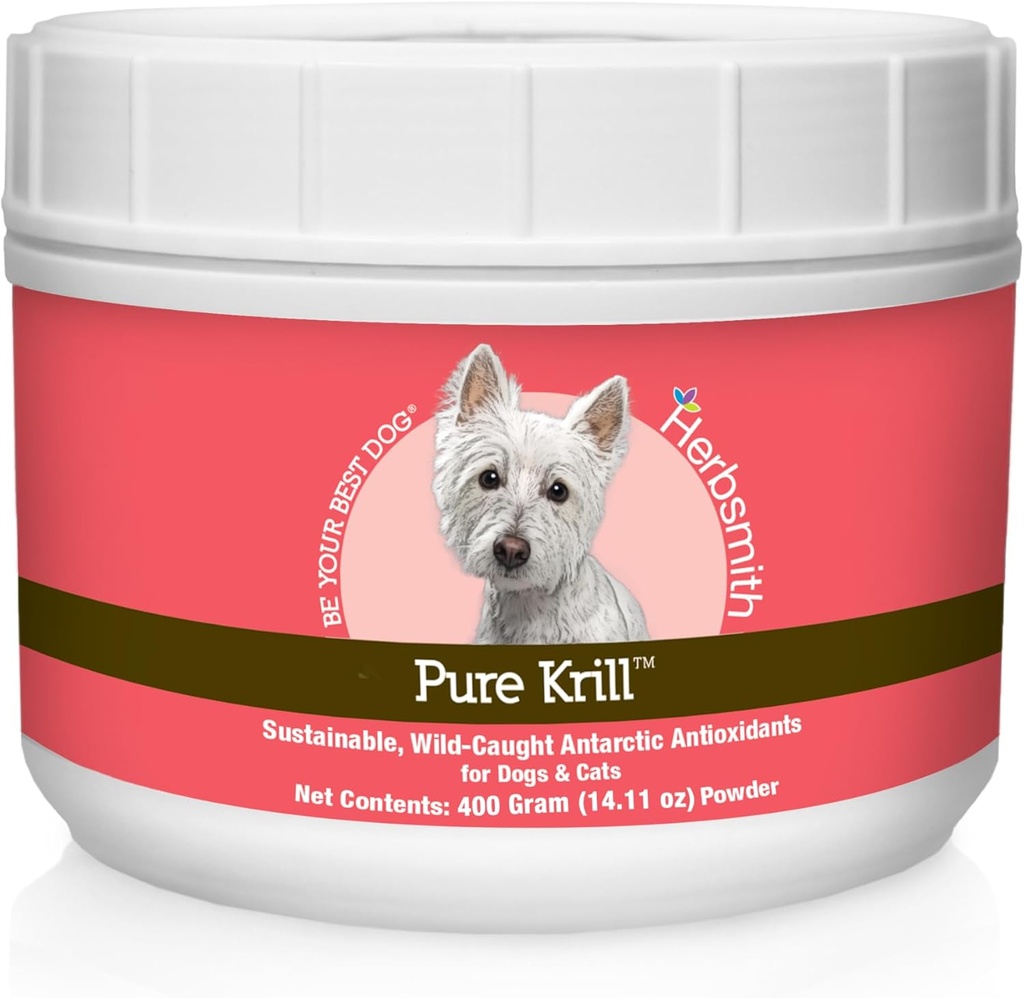 Herbsmith Pure Krill - Wild-Caught Antarctic Krill - Bare 1 Ingrediens - Astaxanthin for hunder - Klar til bruk Omega 3s - Alternativ til Krill Olje for hunder - 400g