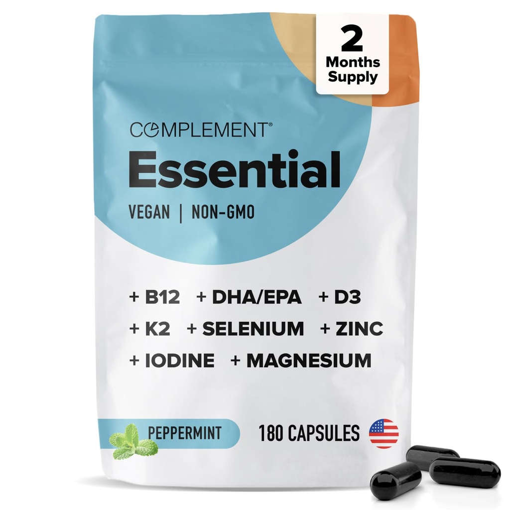 Komplement Essential Vegansk Multivitamin for menn og kvinner (60 Serveringer, 180 Kapsler) med Omega-3 DHA & EPA, B12, Vitamin D3 & K2, Sink, Selenium, Magnesium, Iodin - støtter immunisme og generell helse
