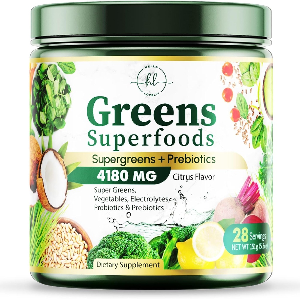 Greens Powder Superfood - Premium Organic Super Greens Juice Powder - pakket med probiotika, hvetegras, Enzymes, Spirulina, Klorella for Digestive & Gut Helse, Smoothie Drink Mix - 28 Serveringer