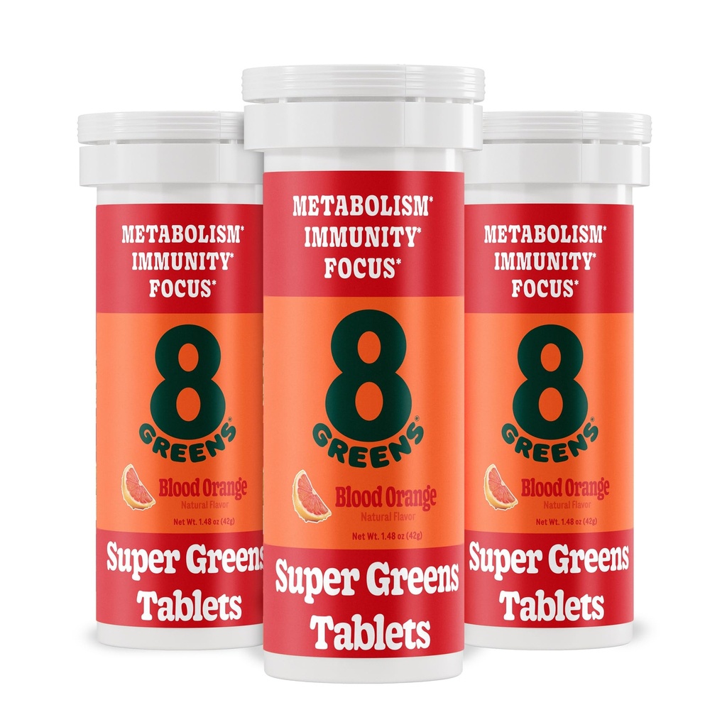 8Greens Supergreens Tabletter Super Greens Powder Superfood Tablett, Metabolisme Immunitet og fokus, Daglige Grønne Effervescent Tabletter, Økologisk: Aloe Vera, Spirulina, Klorella, Blood Orange, 30 Serveringer
