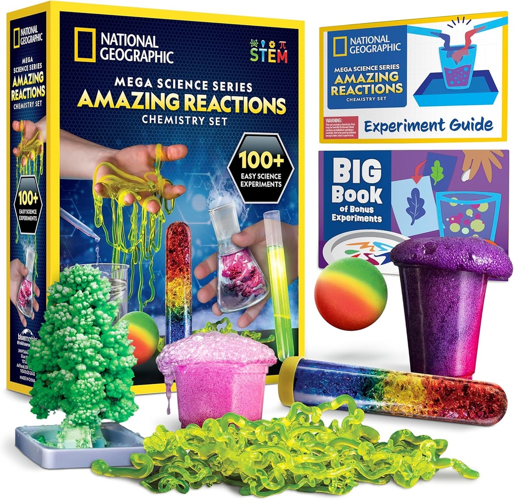 National Geographic Amazing Chemistry Set - kjemisett med 45 vitenskapseksperimenter inkludert krystall voksende og reaksjoner, vitenskapssett for barn, STEM gave for gutter og jenter (eksklusiv)