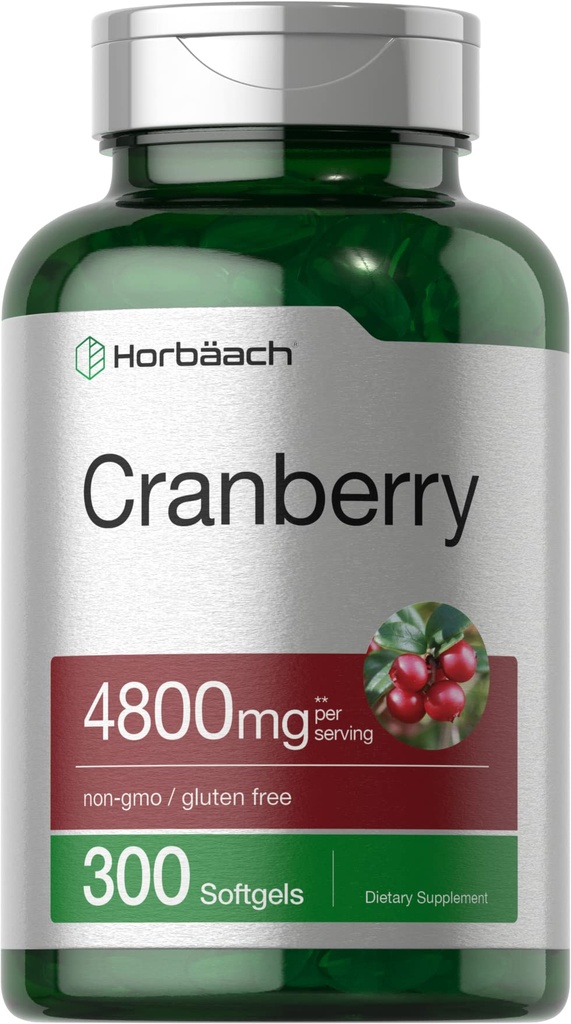 Horbäach Cranberry piller 4800mg | 300 Softgels | Ikke-GMO, Glutenfri Supplement | fra Konsentratekstrakt