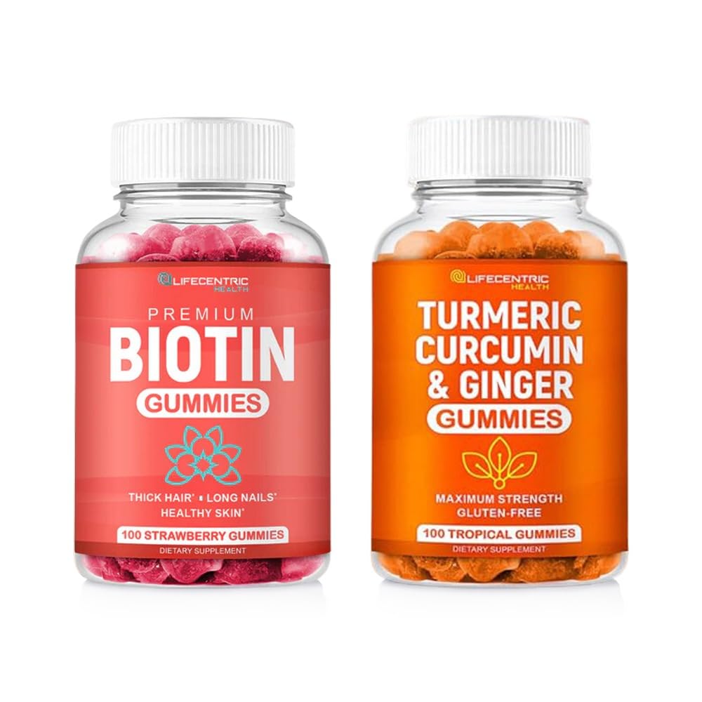 Biotin & gurkemeie Vegansk Gummies Combo | Maks styrke Hårvekst, hudhelse og total velvære | 10000mcg Biotin & 95% Standardisert gurkemeie curcumin | Naturlig, ikke-GMO og glutenfri kosttilskudd