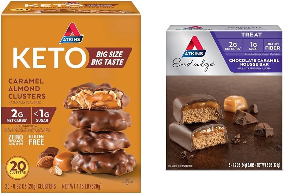 Atkins Caramel Almond Clusters, Glutenfri, Høy i Fiber, 1g Sukker, 2g Netto Carb, Keto Vennlig, 20 Count & Endulge Sjokolade Caramel Mousse Bar, Dessert Favoritt, 1g Sukker, Høy i Fiber, 5 Count