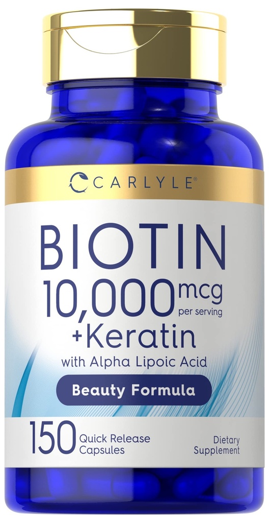 Carlyle Biotin 10000mcg | 150 kapsler | Beauty Formula med Keratin | Ikke-GMO, Glutenfri Supplement