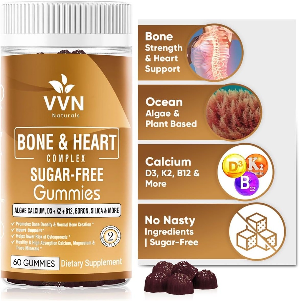 Vegansk kalsium Gummies K2 Vitamin Supplement med MK-7 & vitamin D3, Magnesium og 13 Trace Minerals, støttende beintetthet | Plant Basert | B12 - Bein og hjerte kompleks, 60 ct.