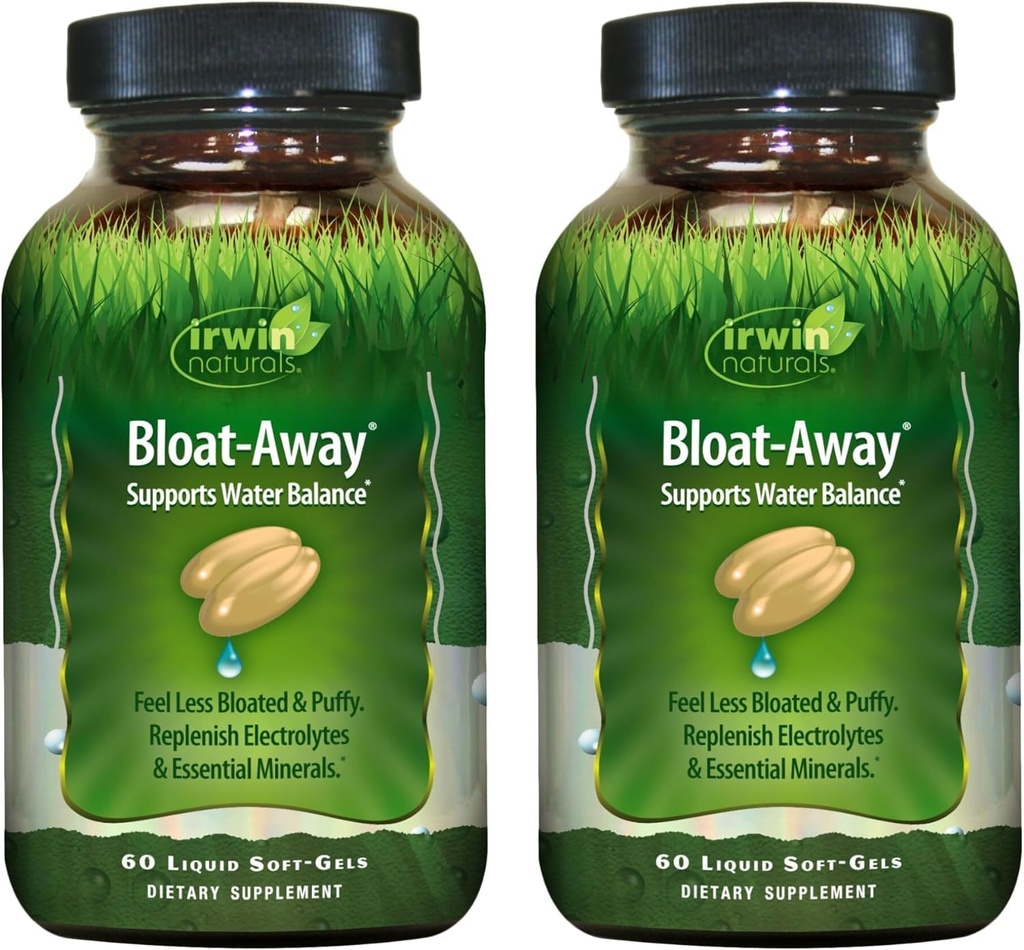Irwin Naturals Bloat-Away - Vannbalansestøtte - Replenish Electrolytes & Essential Minerals - 60 Flytende Soft-Gels - 2 Pack