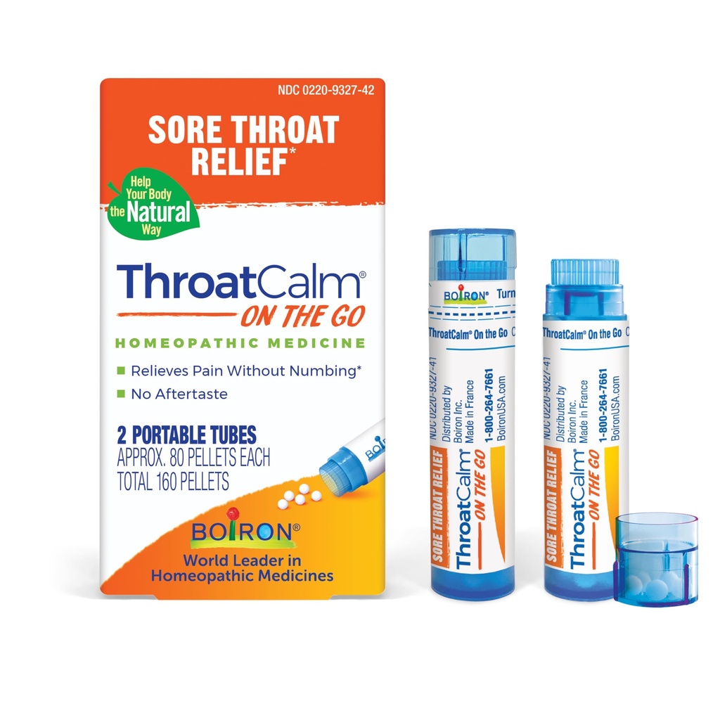 Boiron ThroatCalm På Go Travel Essential for relief av Sore Throat, eller Scratchy, rød eller tørr Throat, og Hoarseness - 2 greve (160 Pellets)