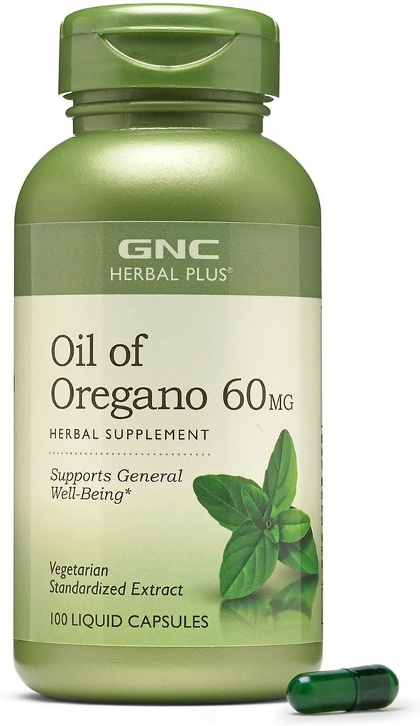 GNC Herbal Plus olje av Oregano 60 mg Supplement, vegetarisk, støtter generell velvære, 100 serveringer