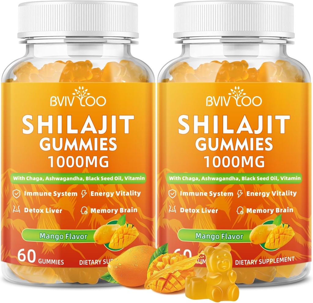 2 pakker Shilajit Gummies 1000mg Sukker Gratis - Shilajit Supplement for menn og kvinner - Høyt i 85+ Spor Mineraler & Fulvsyre - Energi, hjerne, immunitet - 120 Gummies