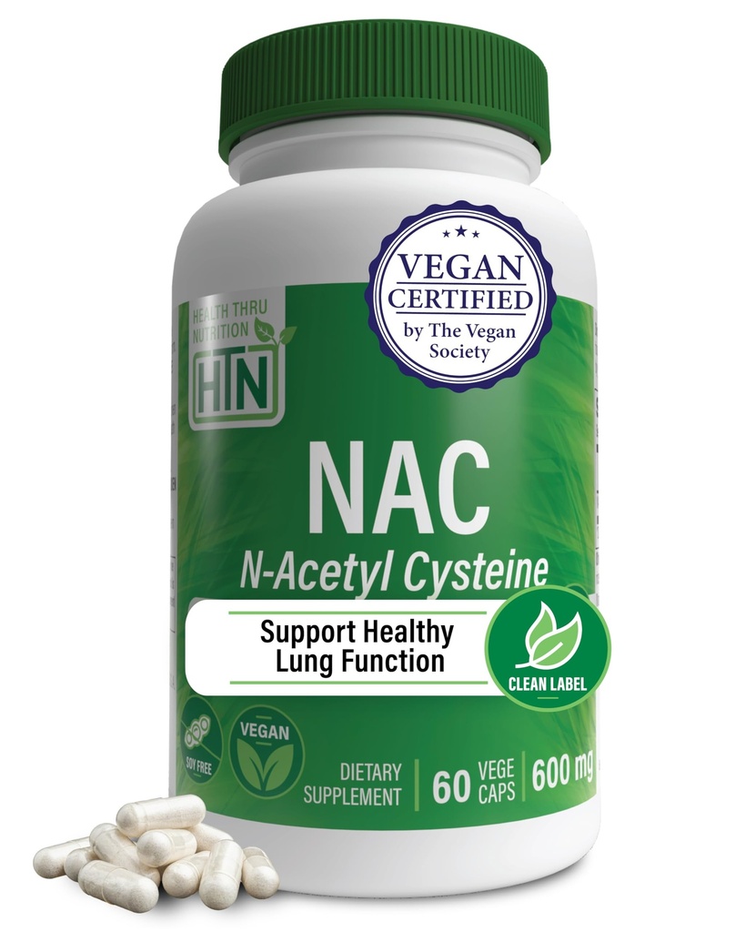 Helse Thru Nutrition NAC N-Acetyl-Cysteine 600 mg 60 kapsler | Vegansk sertifisert | Den reneste NAC Supplement | Støtter sunn lunge, leverfunksjoner og cellulær helse | Ikke-GMO Soja & Glutenfri