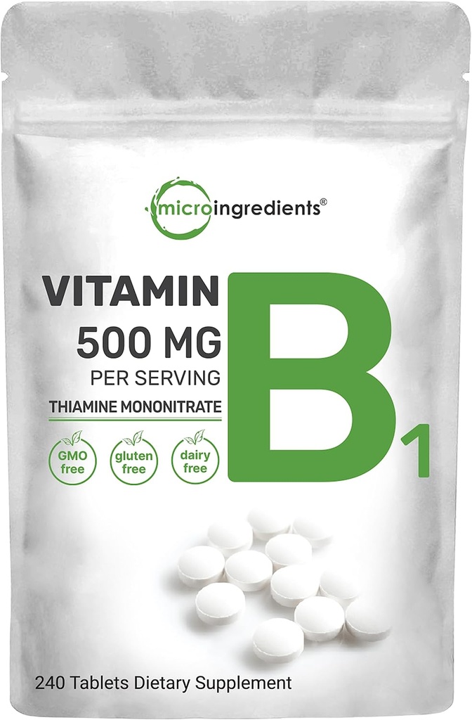 Mikroingredienser Vitamin B1 500mg Per servering, 240 tabletter | Vitamin B1 Thiamin Supplement, Essential B Vitaminer | Støtter metabolisme og sunn nervesystem | Ikke-GMO, lett å svelge