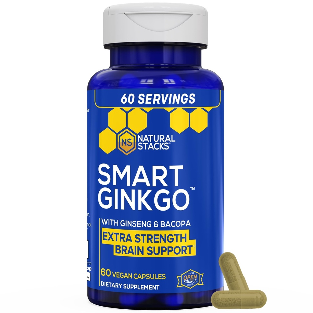 NATURAL STACKS Ginkgo Biloba Supplement med 200mg Panax Ginseng & 200mg Bacopa Monnieri - Brain Kosttilskudd for minne og fokus - koreansk Ginseng for hjerne helse støtte - 60 Ginkgo Biloba kapsler