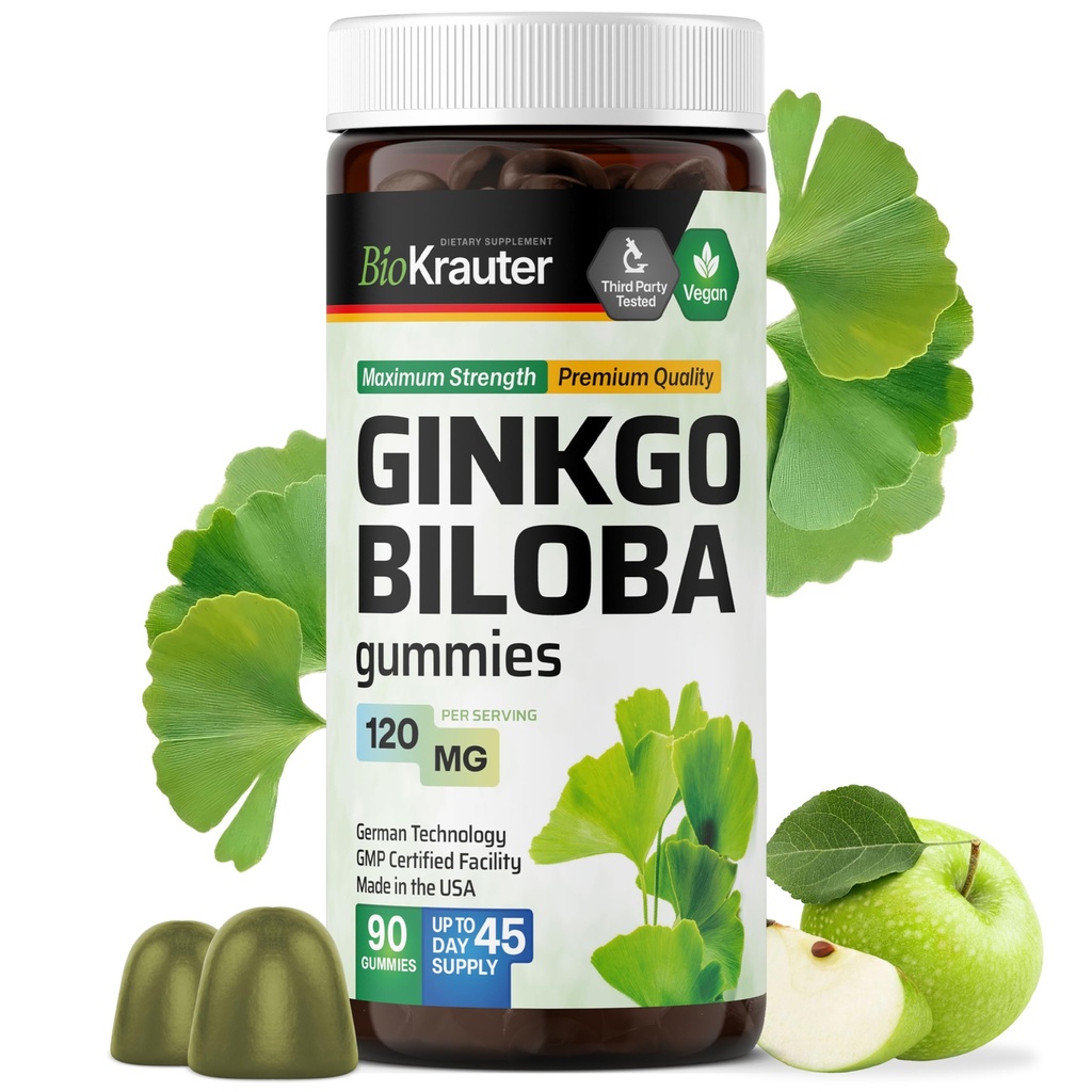 BIO KRAUTER Ginkgo Biloba Gummies - 90 Vegan Chews - Ginkgo Biloba Supplementer for hjernestøtte - 120 mg Standardisert Ekstrakt - Pectin-basert formel