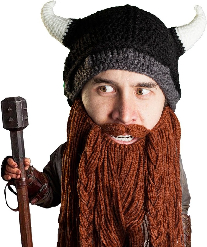Beard Head Viking Pillager - Original Håndlaget Knit Viking Horn Helmet og bevegelig flettet brun/svart Beard