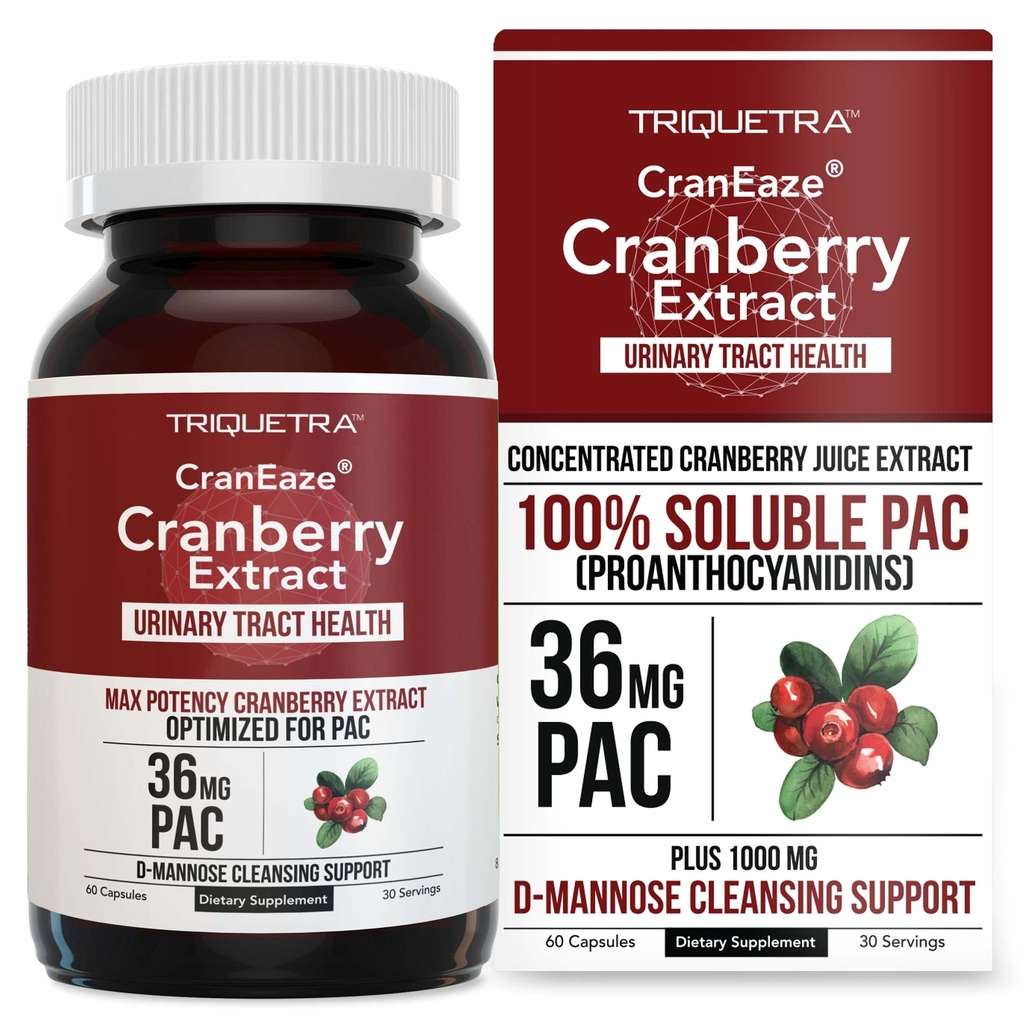 CranEaze®: Cranberry Juice Extract Plus D-Mannose – 36 mg PAC, 100% løselig PAC - støtter urinveistrakt helse – mest effektive Cranberry Pills for kvinner, UTI Cranberry Supplement - 60 kapsler