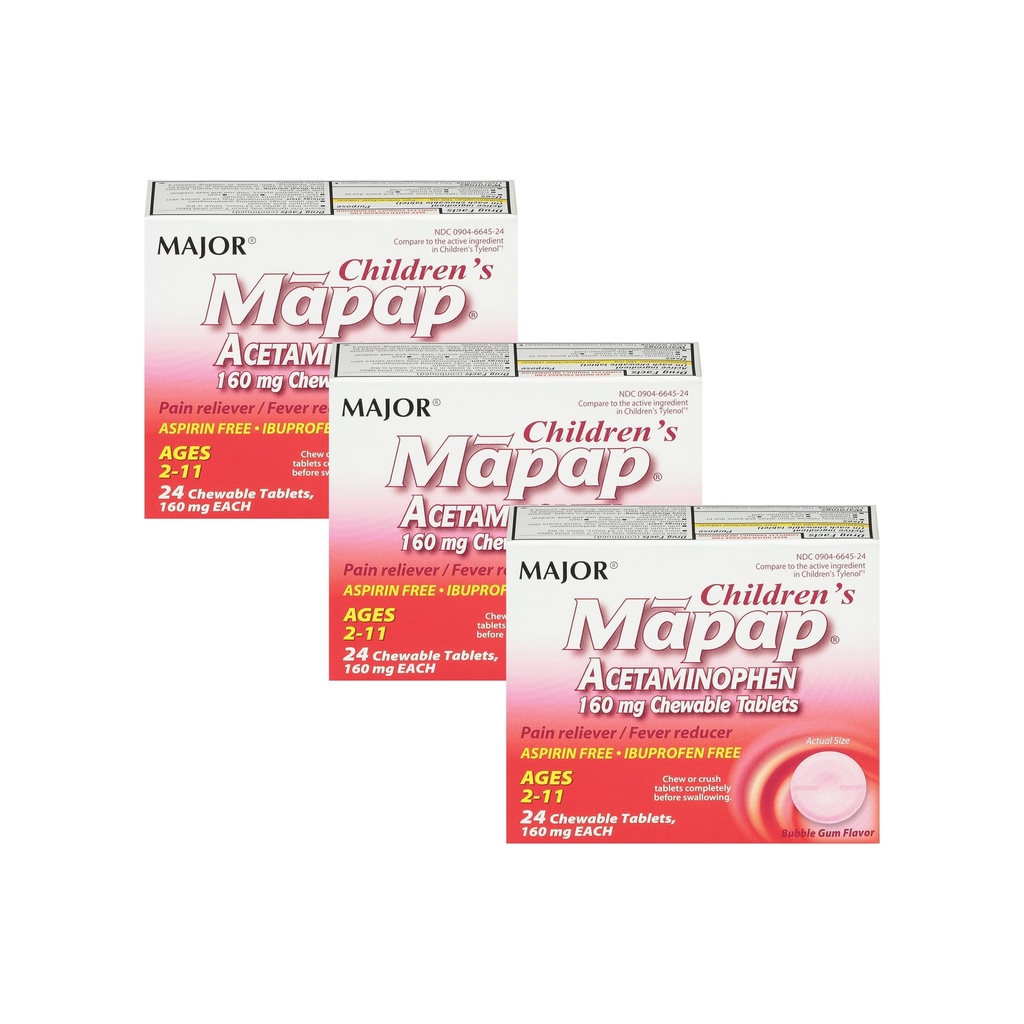 MAJOR Children’s Mapap Acetaminophen 160 mg Chewable Tablets - Pain Reliever/Fever Reducer - Aspirin Free - Ibuprofen Free - for Ages 2 to 11-24 Count (3 Pack)