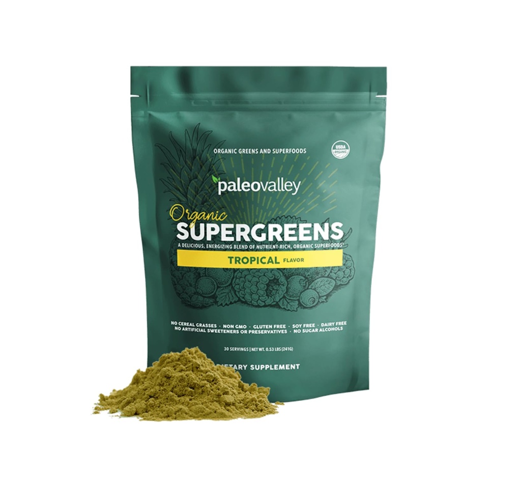 Paleovalley Organic Supergreens pulver - 23 Superfoods med prebiotisk fiber for energi og immunitetsstøtte - Ingen cereal Grass for maksimal absorpsjon - Tropisk, 28 Services