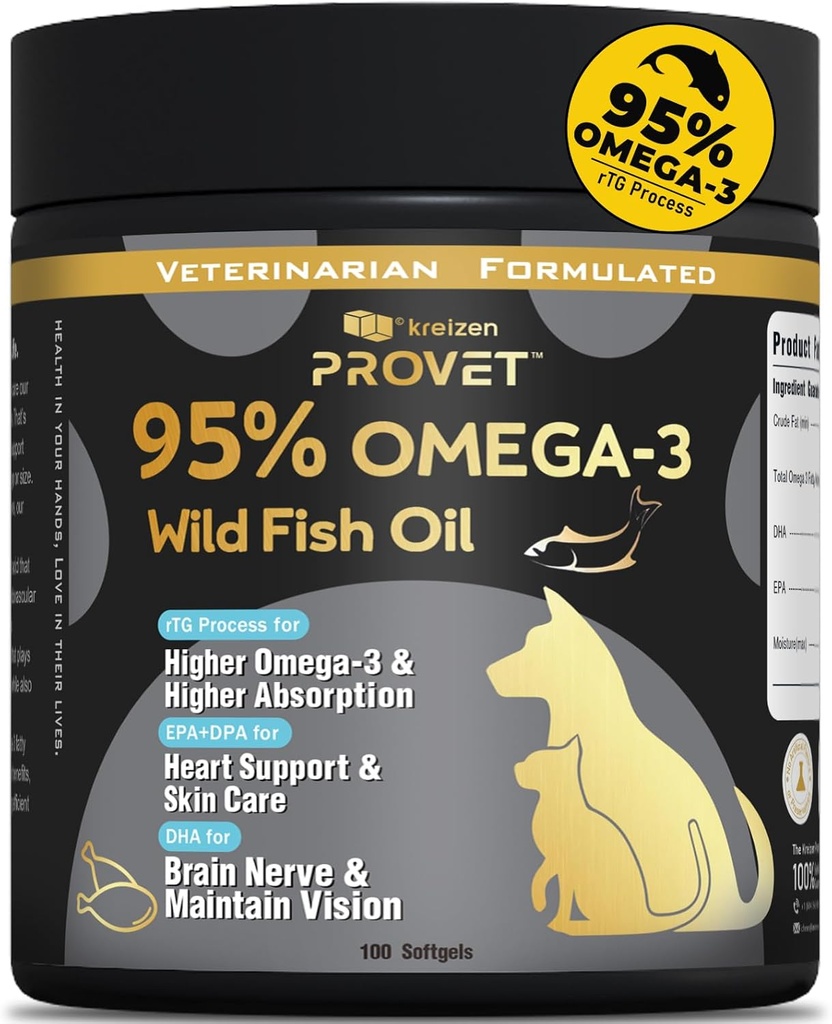 95 % Omega 3 Fiskeolje for hunder og katter, Vet-formulert med RTG prosessert lakseolje, maksimal EPA & DHA, støtter hjerte, hud, Coat, felles, Heart & Immune Health, 100 myke geler