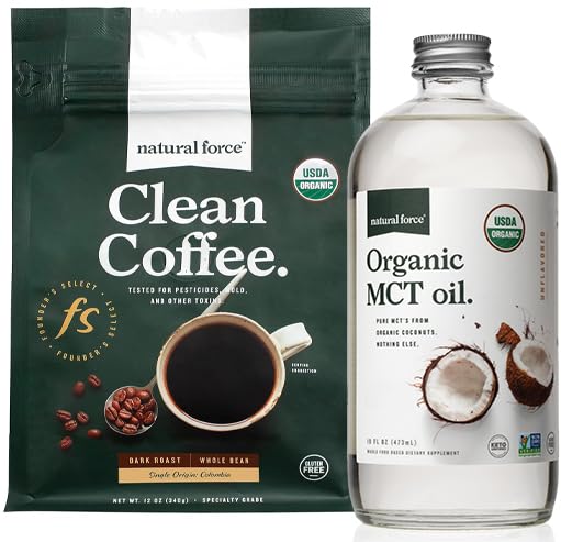 Natural Force Organic Dark Roast Clean Coffee + Organic MCT Oil Bundle - 100% ren kokosnøtt MCTs & Mold & Mycotoxin Gratis kaffe - Ikke-GMO, Keto, Paleo og Vegan - 12 Oz og 16 Oz