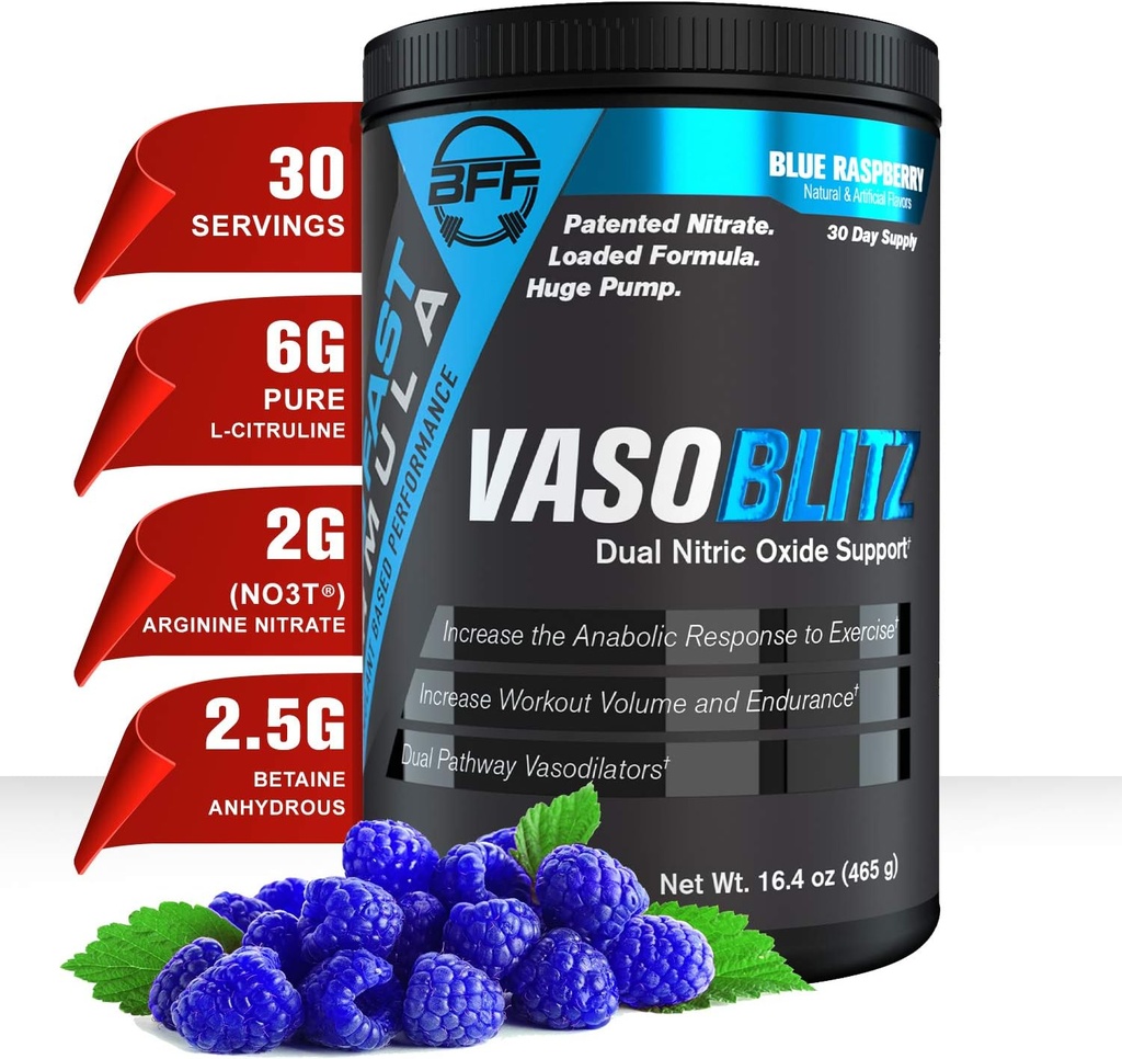 VASOBLITZ Award vinner dobbel nitric oksid pre trening med NO3T Arginin nitrat, L-Citrullin,Betaine Anhydrous,Calcium lactate, Caffeine gratis for muskulær utholdenhet(30 servering) (blå bringebær)