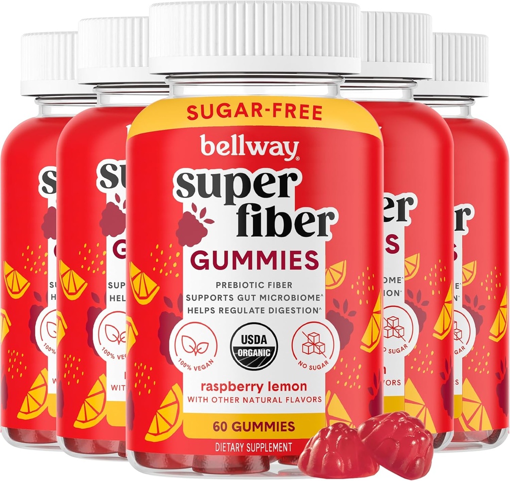 Bellway Super Fiber Gummies for voksne (5 pakke) - Sugar Free Organic Fiber Supplement Gummies med 4 g fiber per servering - Prebiotisk Chicory Root Fiber for Gut Helse, bringebær sitron, 300 greve