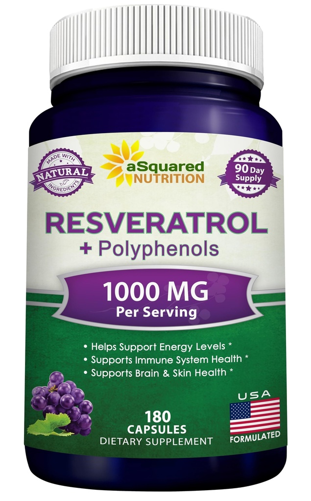 aSquared Nutrition Natural Resveratrol med rødvin ekstrakt - 180 kapsler - Trans Resveratrol Antioksidant Supplement piller for ren hjerte helse - Extra styrke Trans-Resveratrol
