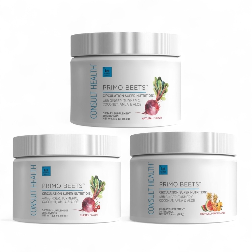 Consult Helse Primo Beets Beets Root Powder Drink Bland med nitrater, Daglig sirkulasjonsstøtte med Ginger og gurkemeie, 3 Pakke med flavors, Cherry, Blåbær og Jordbær Lemonade 6,5 oz Hver