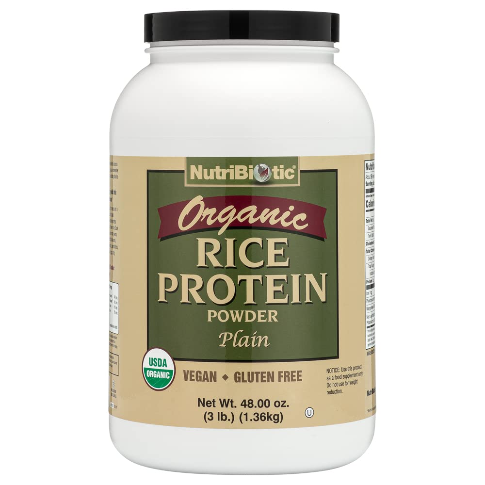 NutriBiotic Certified Organic Rice Protein Plain, 3 pund | Lav karbohydrat Vegansk Proteinpulver | Rå, sertifisert Kosher & keto vennlig | laget uten kjemikalier, GMOs & Gluten | lett å digest